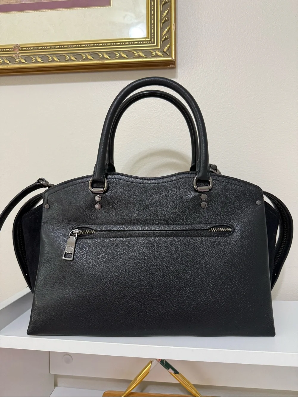 Coach Black Pebbled Leather Satchel with Suede Sides And Crossbody Strap